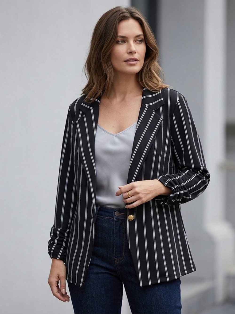 Tiffany And Gray Black and White Pinstripe Women's Blazer - Classic Workwear